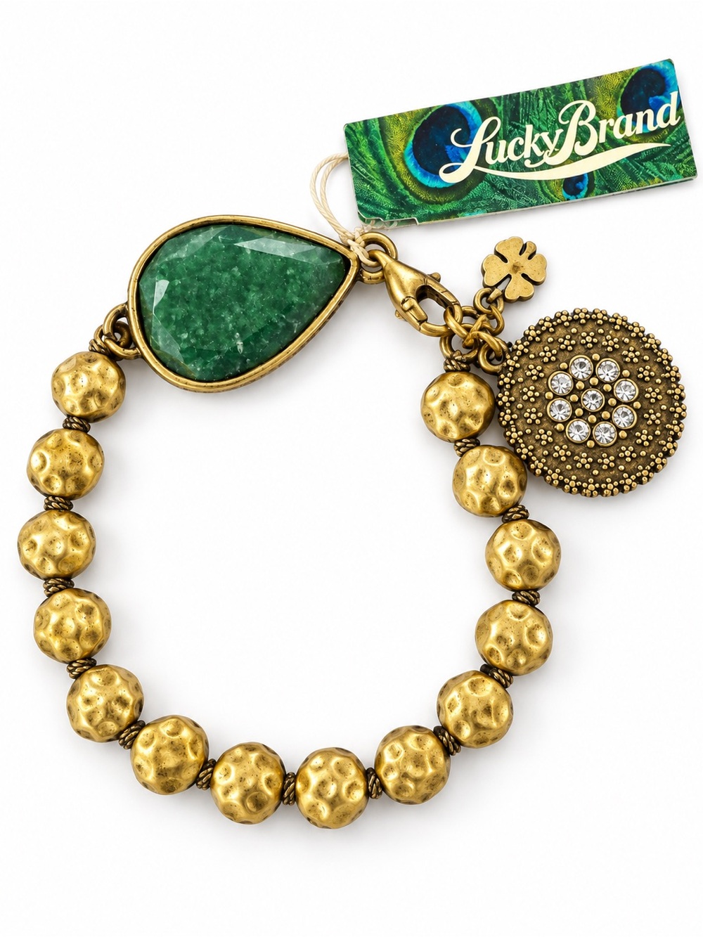 Lucky Brand Gold Hammered Beaded Bracelet with Green Teardrop Stone